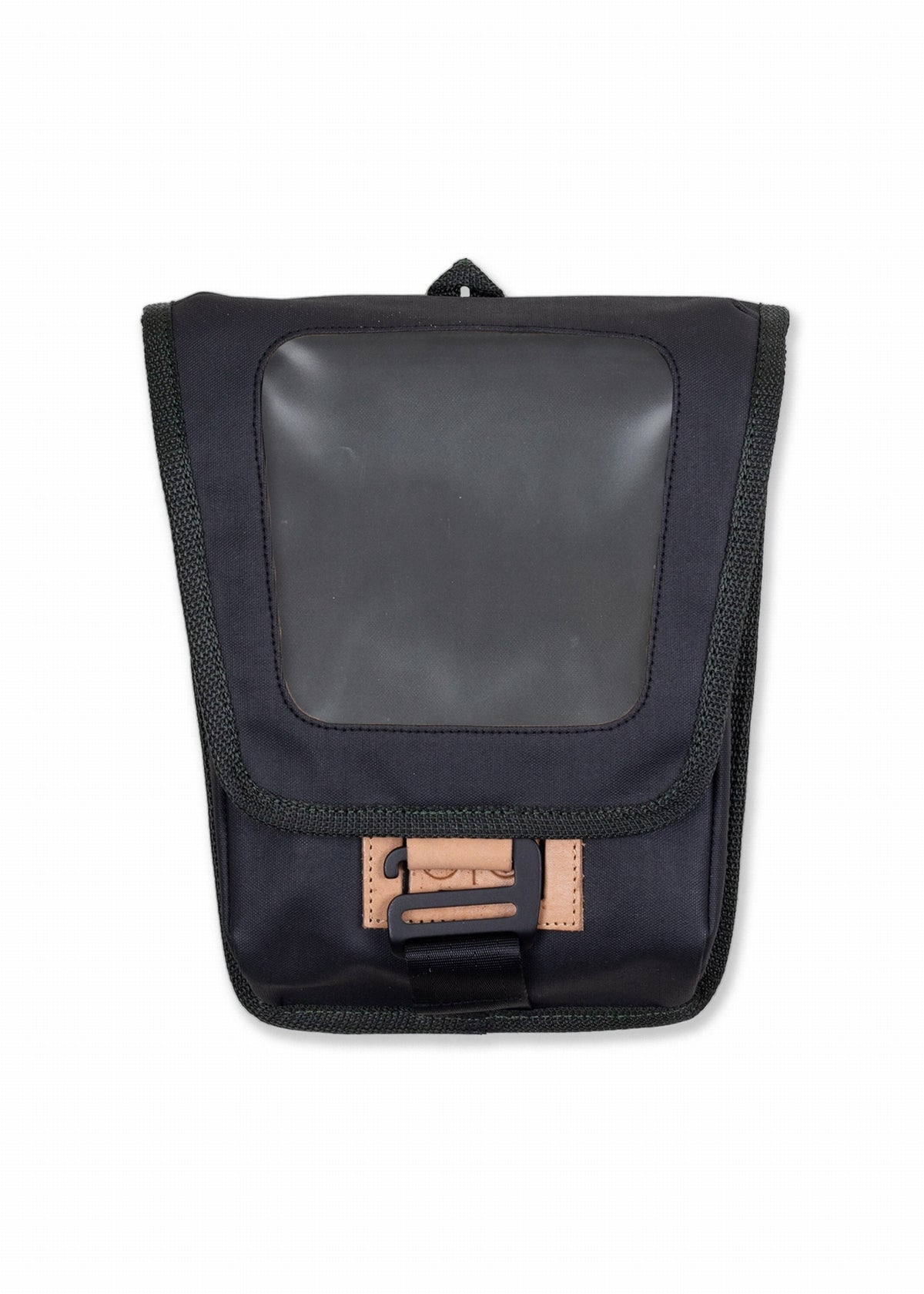 Black pouch with a transparent window and a tan buckle, designed for practical use and easy access.