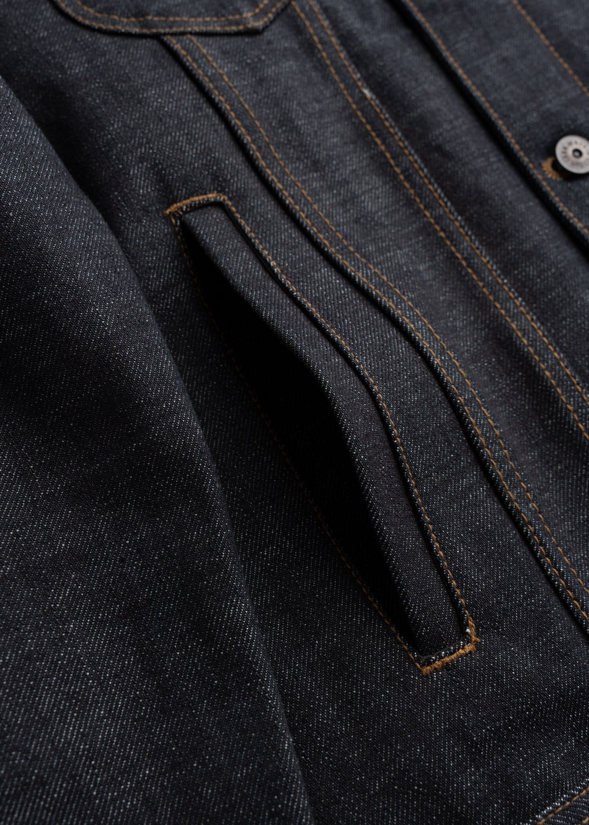 Close-up of a dark denim jacket pocket with visible stitching and a button, highlighting texture and craftsmanship.
