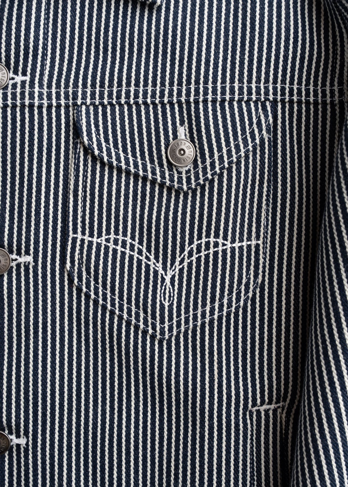 Close up of chest pockets with button closure on denim jacket, showcasing stitching and utility design