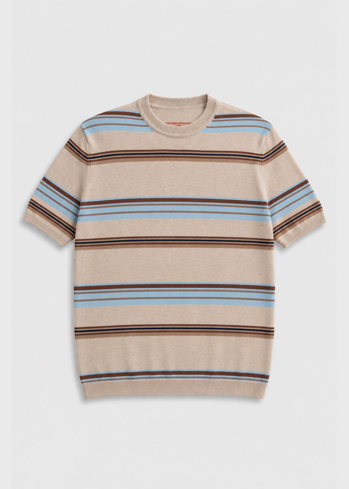 Beige short-sleeve sweater with blue and brown horizontal stripes on a white background, showcasing a casual, stylish design.