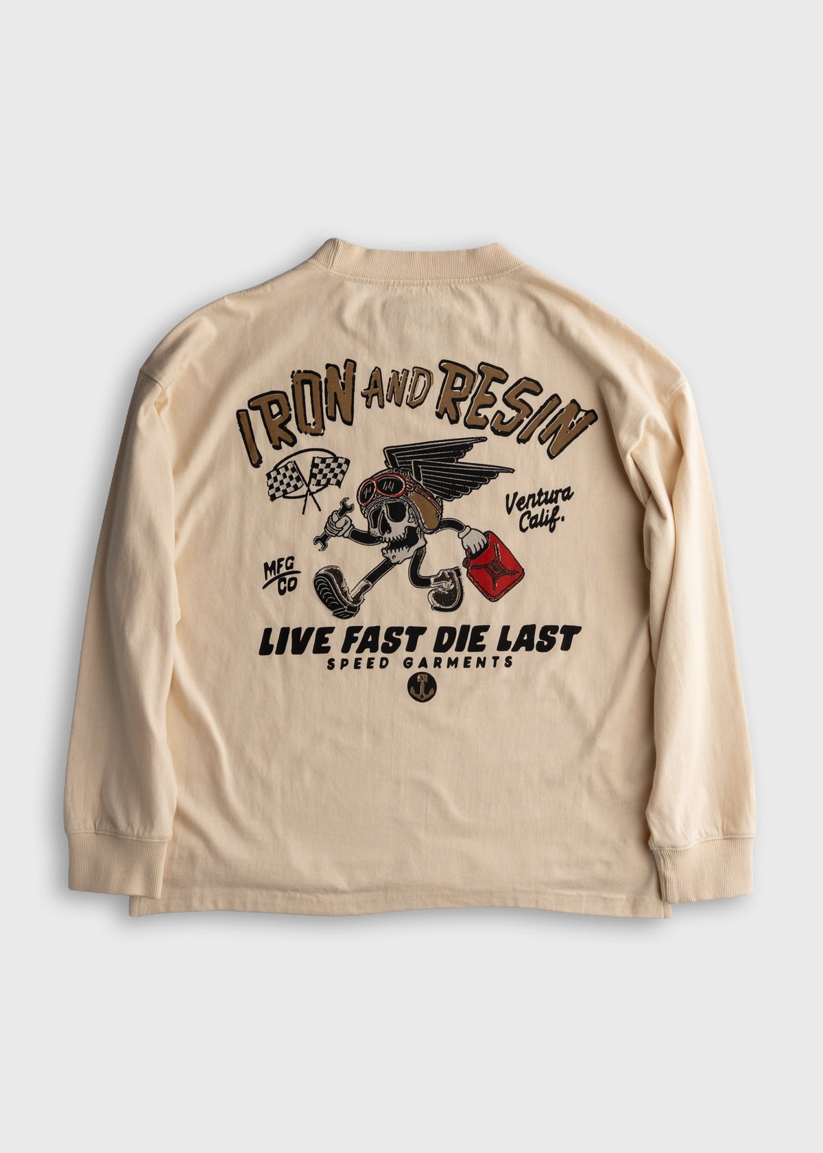 Beige long-sleeve shirt with "Iron and Resin" graphic, featuring a winged skull, checkered flags, and "Live Fast Die Last" text.