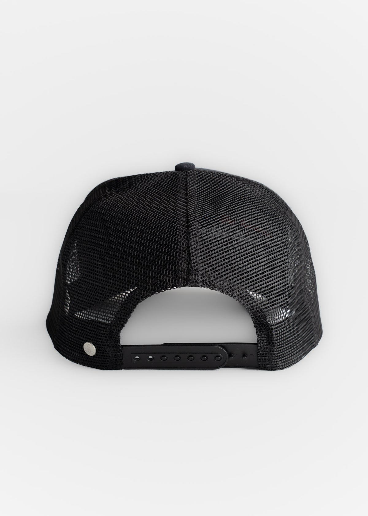 Men’s denim trucker hat in Black with mesh backing and custom embroidered patch, adjustable strap cap with breathable fit
