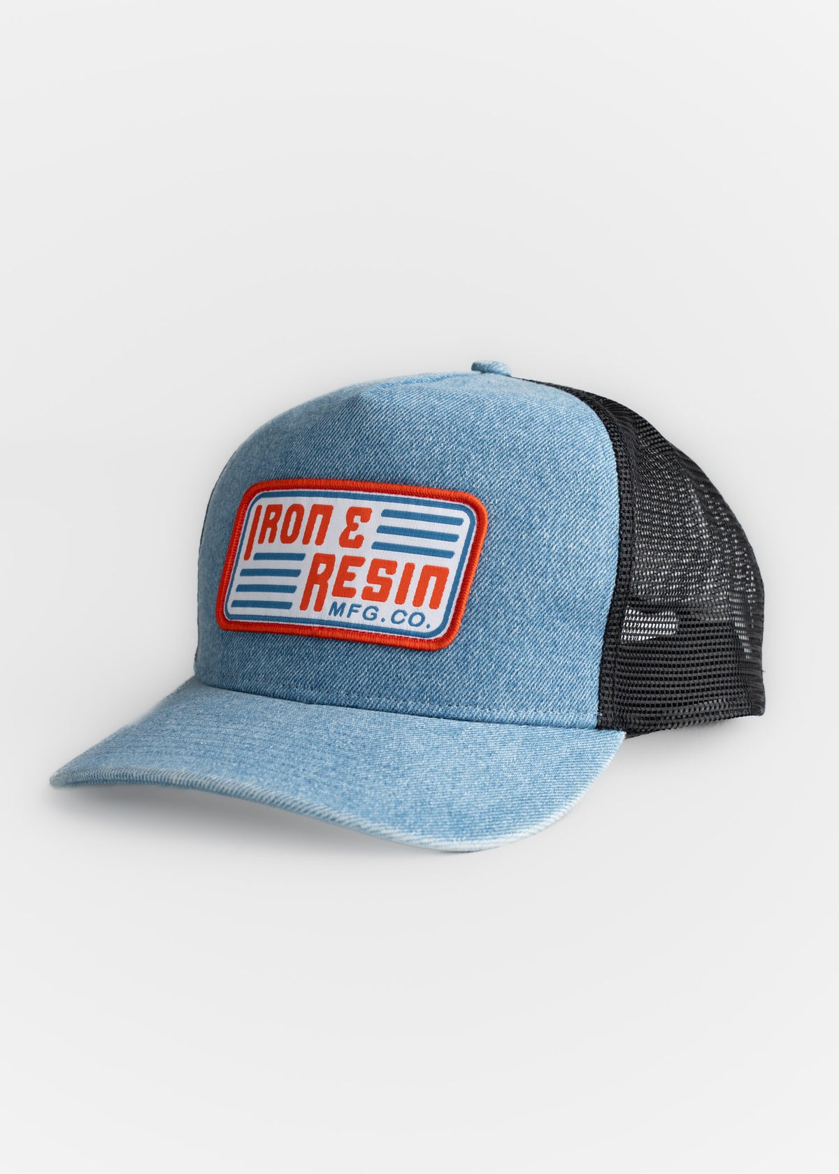 Men’s denim trucker hat in Blue with mesh backing and custom embroidered patch, adjustable strap cap with breathable fit