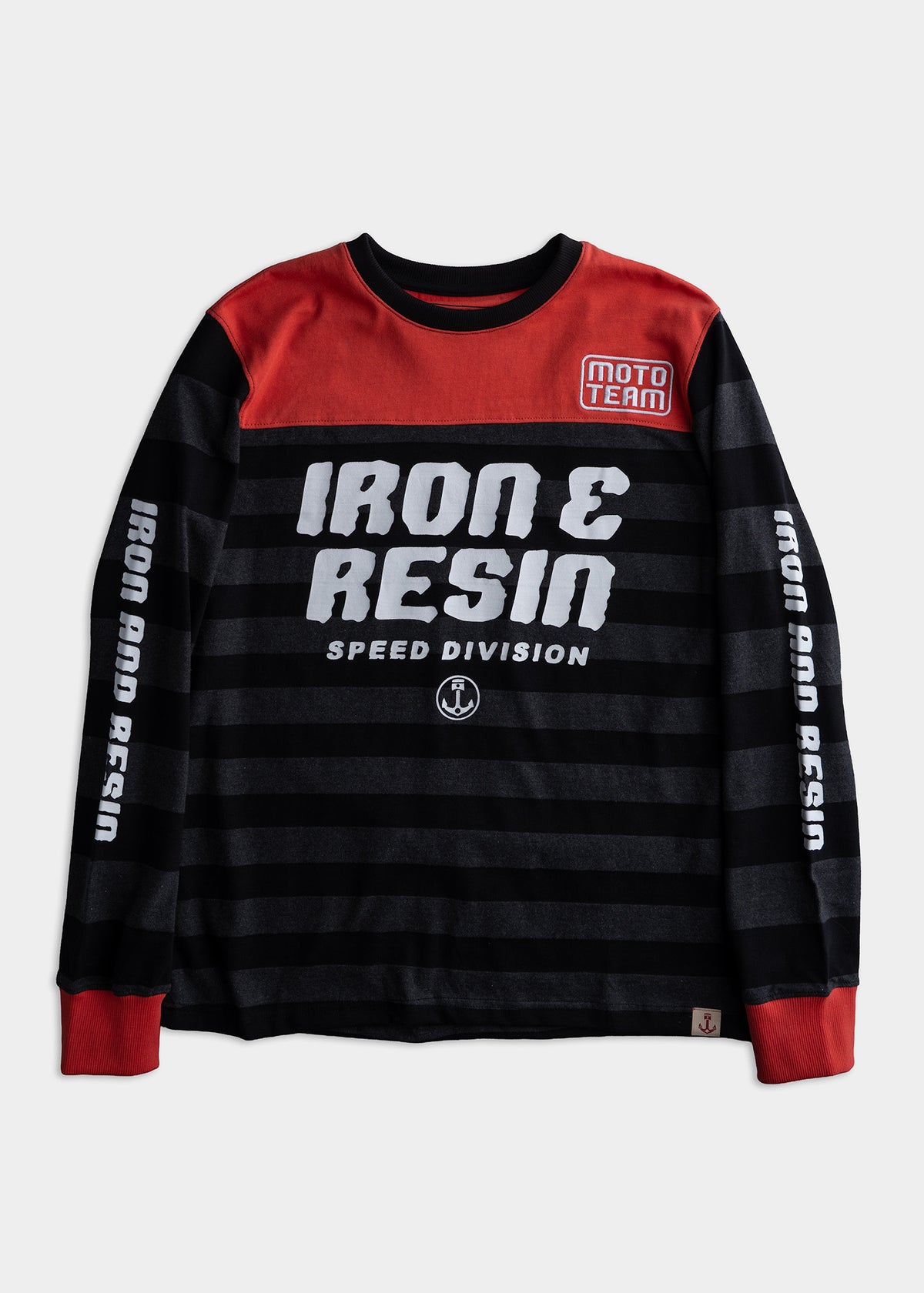 Striped black and red long-sleeve shirt with "Iron & Resin Speed Division" and "Moto Team" logos on chest and sleeves.