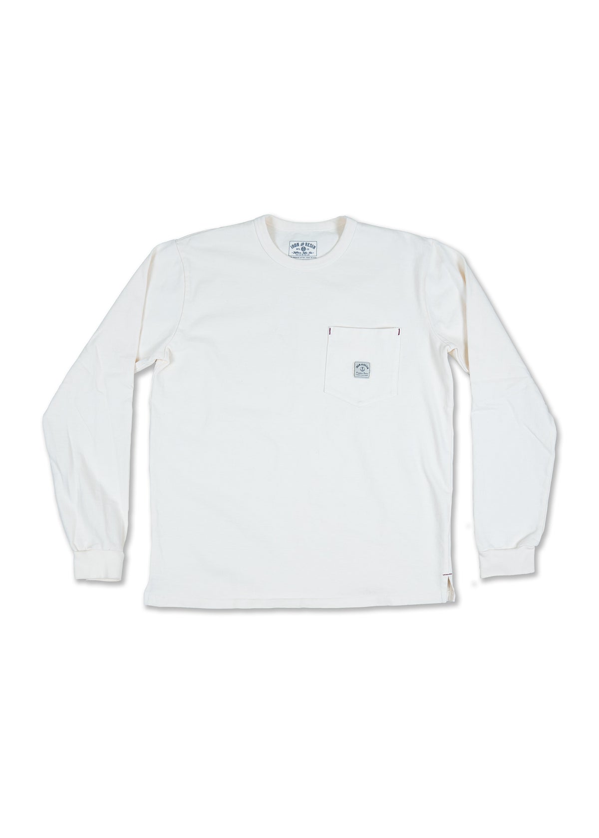 White long-sleeve shirt with a chest pocket and logo. Simple and classic design, suitable for casual wear.