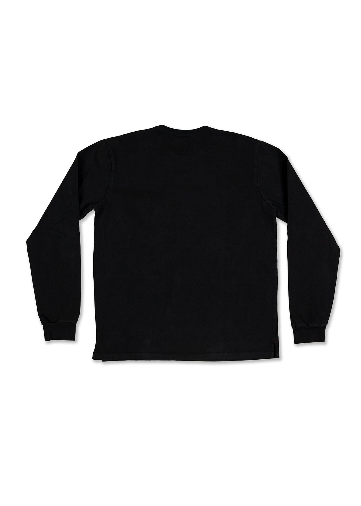 Black long-sleeve shirt shown from the back, featuring a simple, classic design with ribbed cuffs and a straight hem.