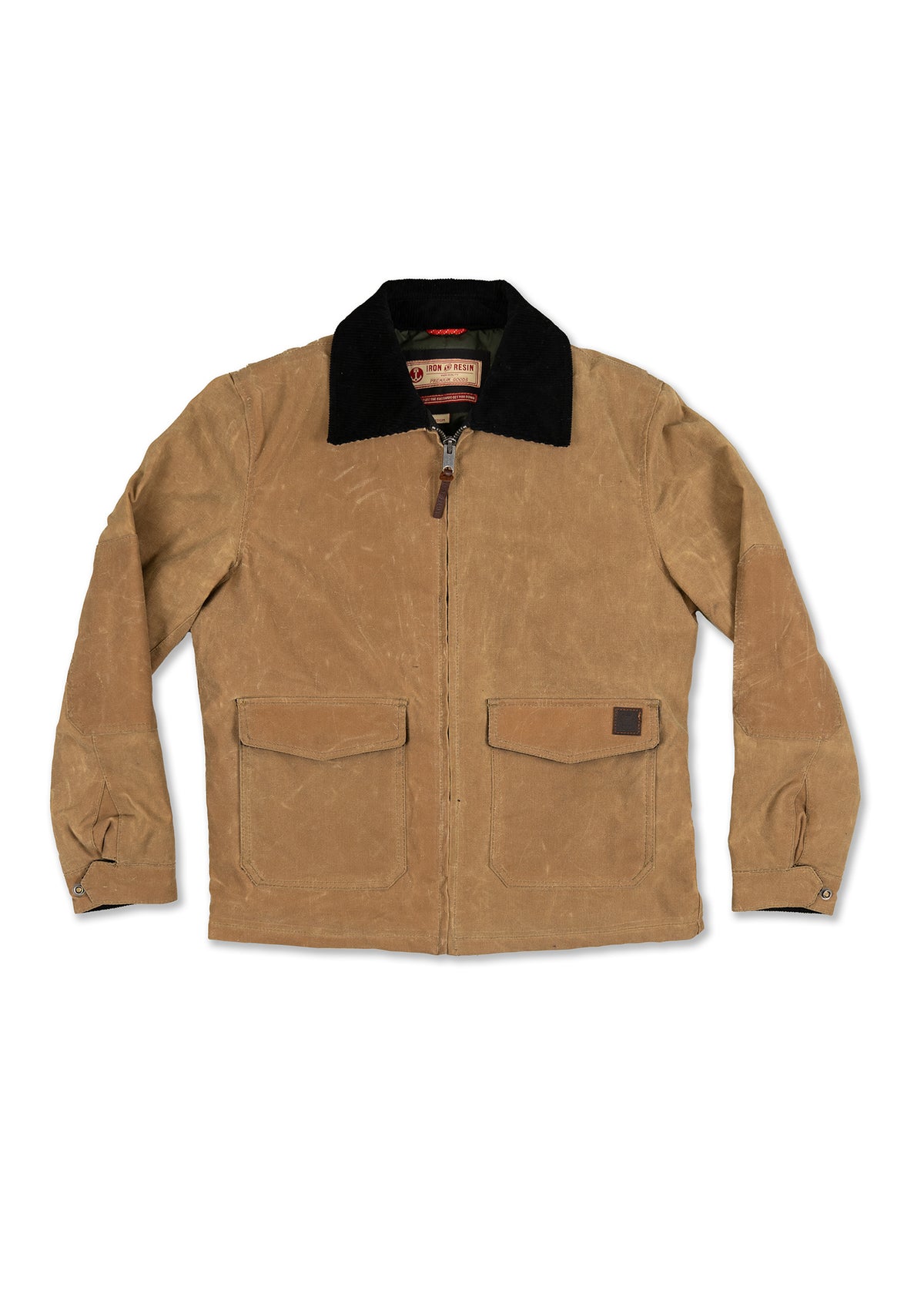 Brown waxed canvas jacket with black collar, front zipper, and two large pockets. Rugged design for outdoor use.