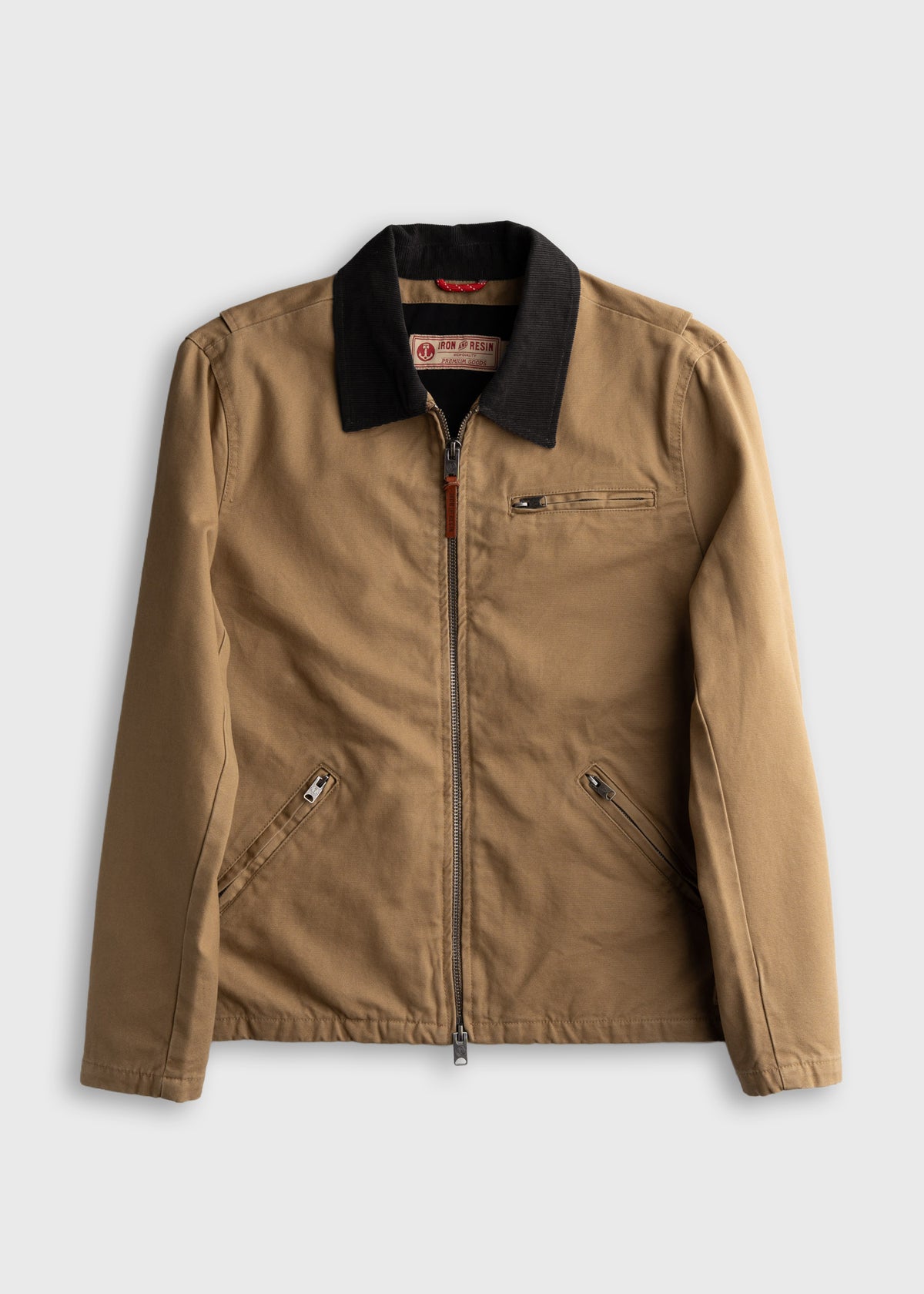 Brown jacket with black collar, front zipper, and pockets, displayed on a plain background, showcasing its casual style.