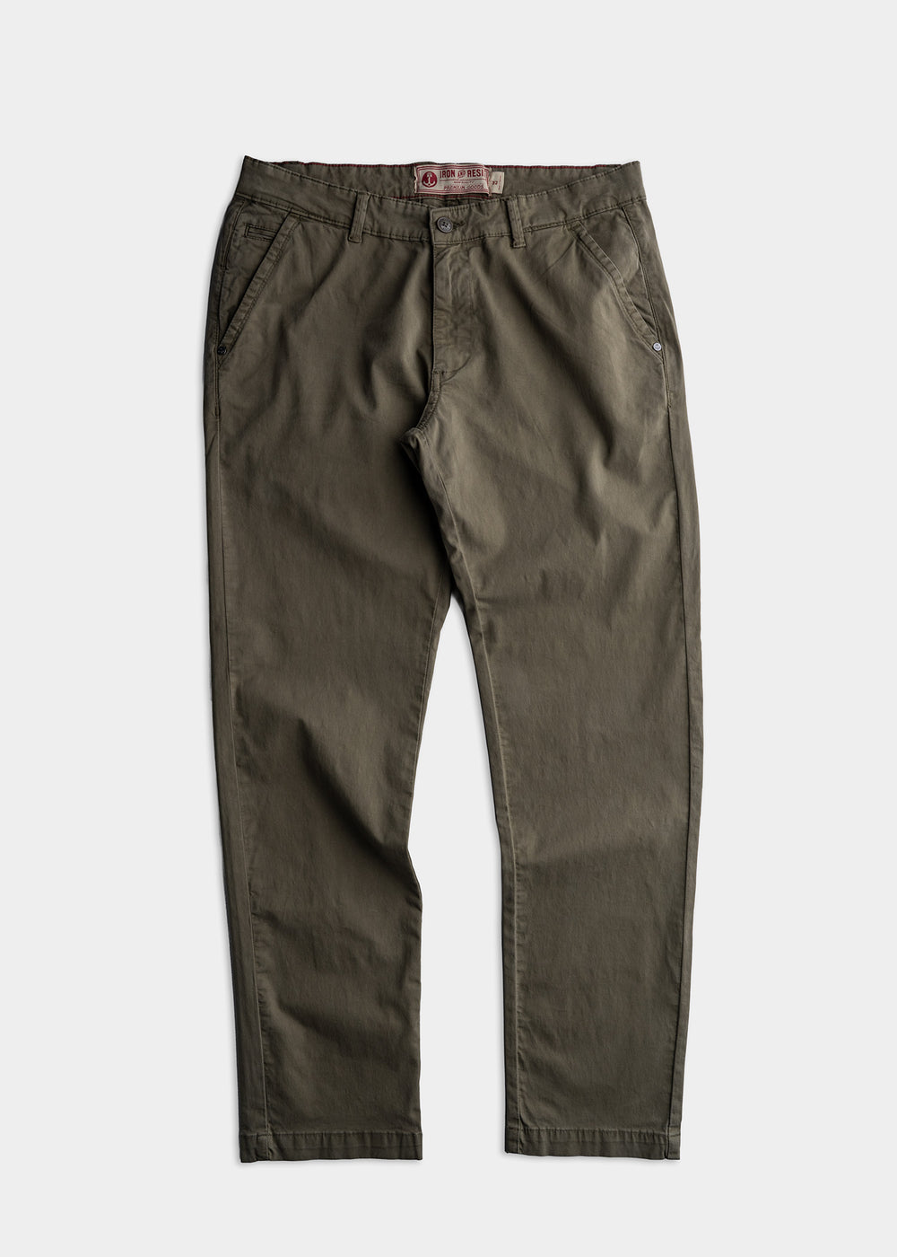 Olive green casual pants with front pockets and belt loops, displayed on a white background. Simple and stylish design.