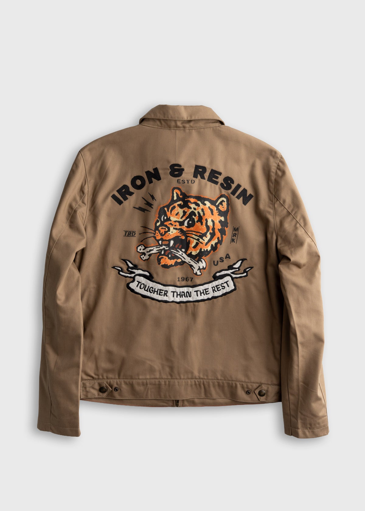 Men’s cotton poly blend jacket with heavy duty zipper and snap button front, dual chest pockets and embroidered graphic, durable workwear outerwear with classic utility design
