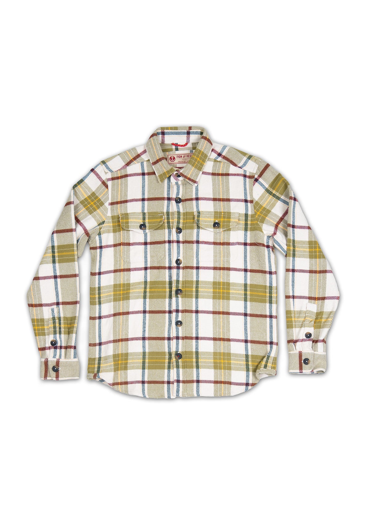 Plaid flannel shirt with yellow, red, and blue stripes, featuring buttoned chest pockets and cuffs, laid flat on a white background.