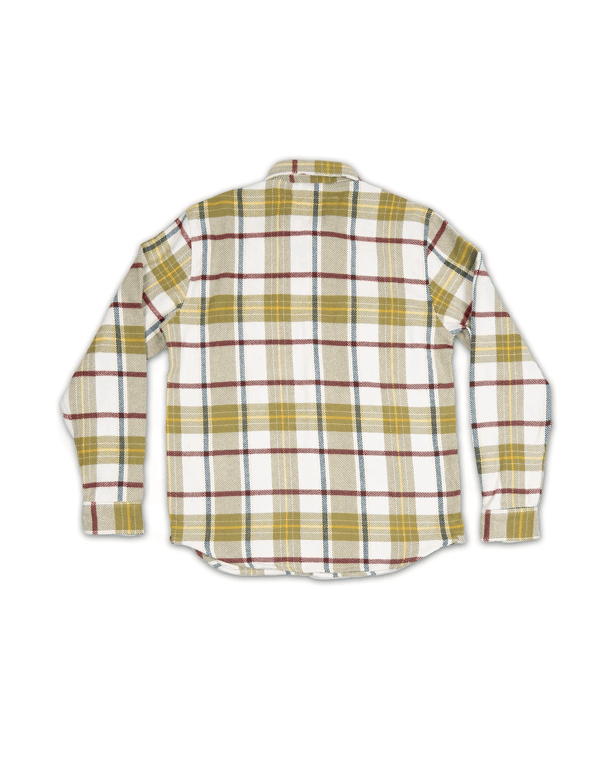 Back view of a long-sleeve plaid shirt with yellow, red, and blue stripes on a white background, neatly laid flat.