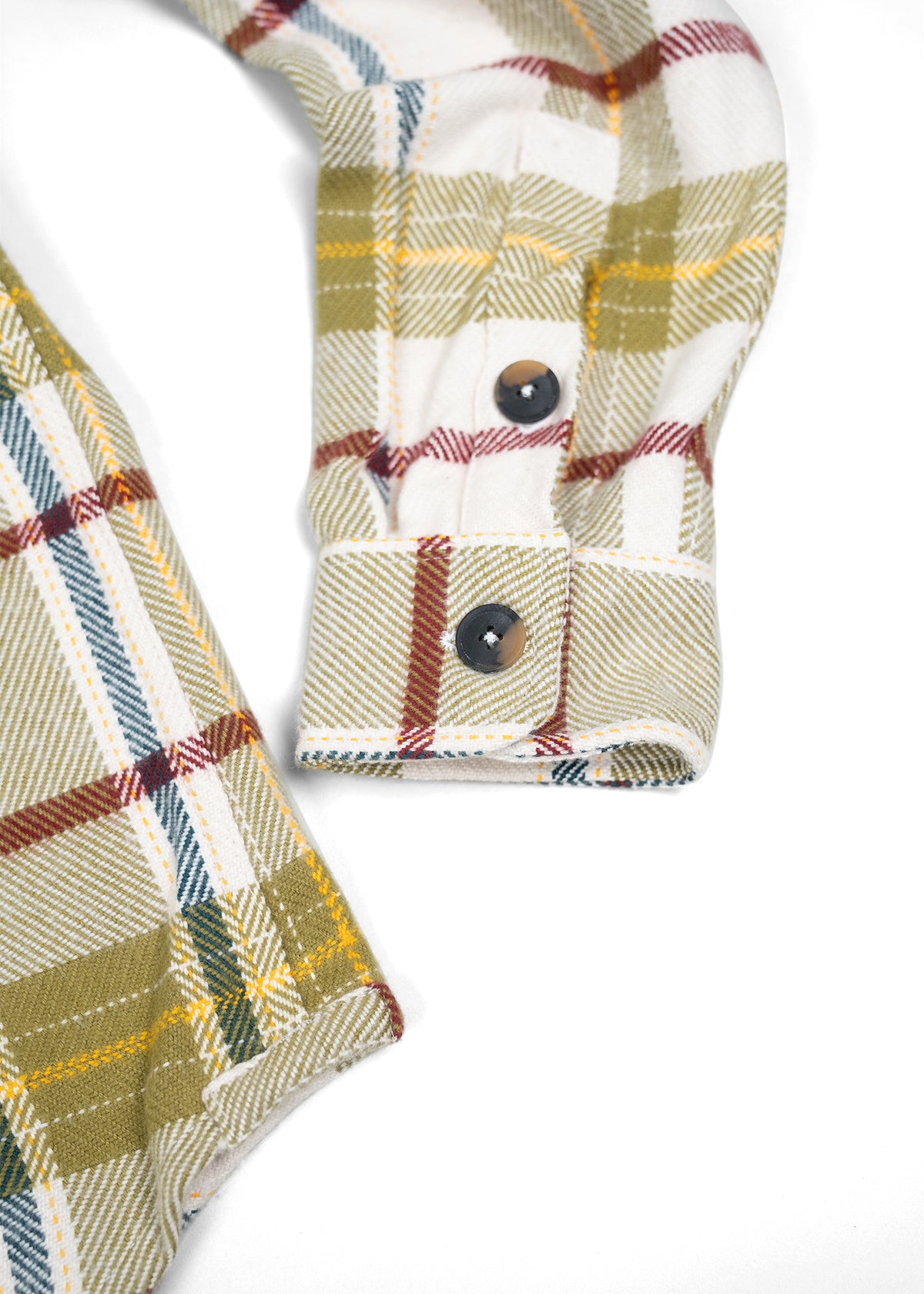 Close-up of a plaid shirt sleeve with buttoned cuff, featuring green, red, and yellow stripes on a white background.