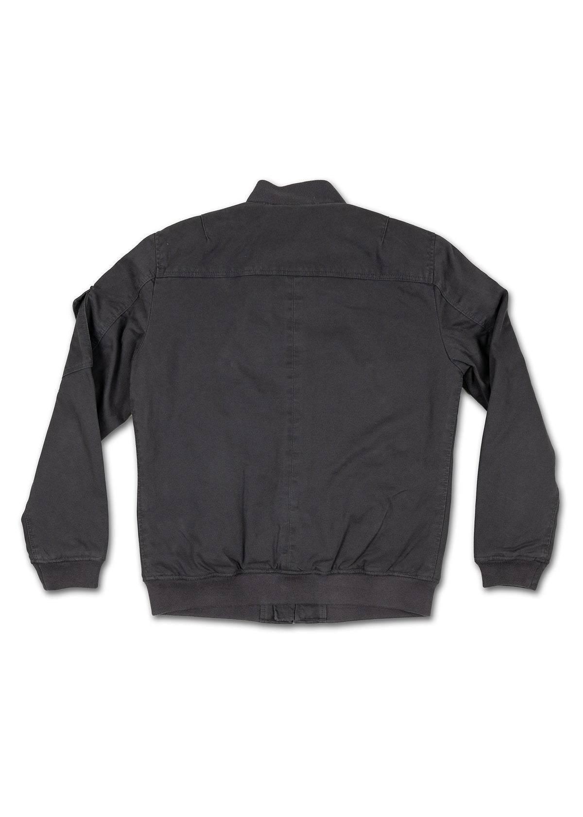 Black jacket back view, featuring a simple design with ribbed cuffs and waistband, set against a plain white background.