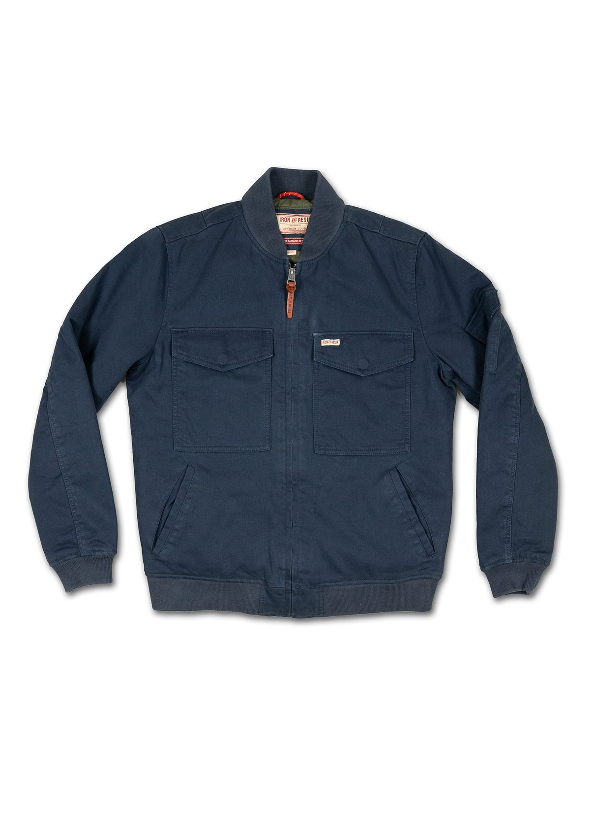 Navy blue jacket with a zip-up front, two chest pockets, and ribbed cuffs, displayed on a plain white background.