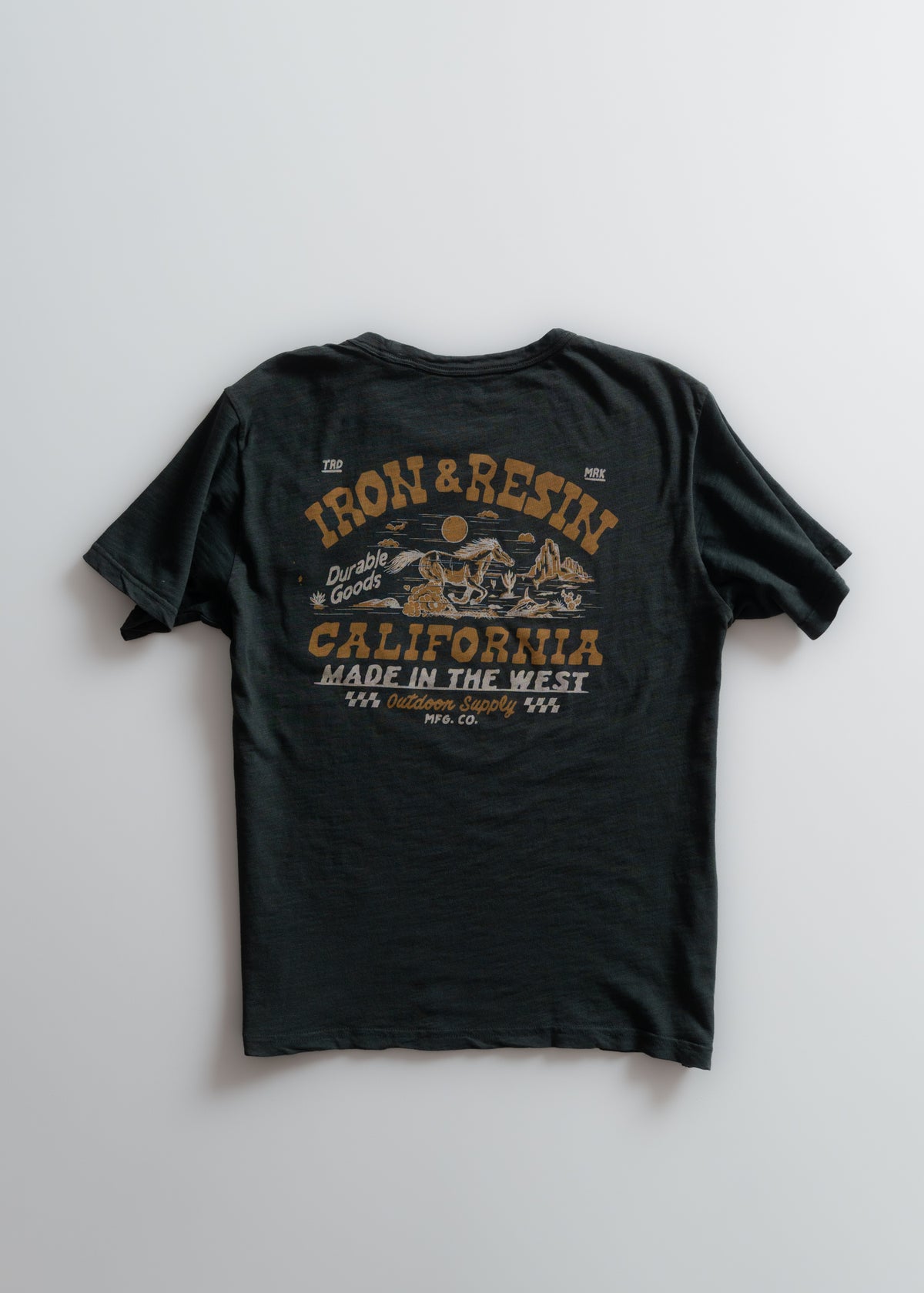 Black T-shirt with "Iron & Resin" and "California Made in the West" printed in bold, featuring a desert scene graphic.
