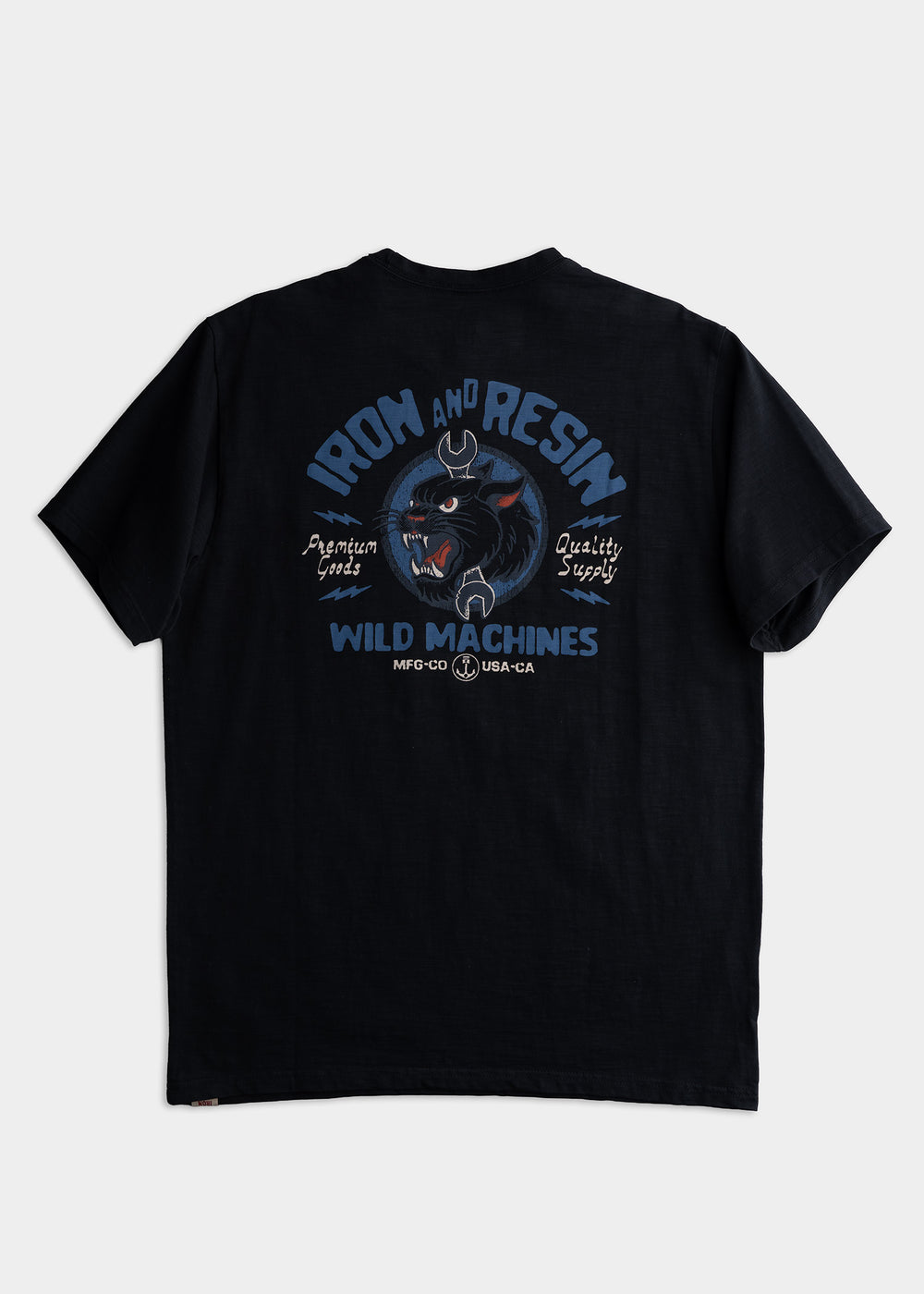 Black T-shirt with "Iron and Resin" text, a fierce panther graphic, and "Wild Machines" slogan, emphasizing premium quality.