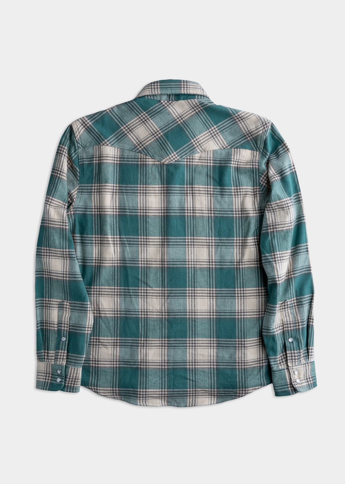 Green and white plaid flannel shirt, back view, with buttoned cuffs and a yoke detail, on a plain white background.
