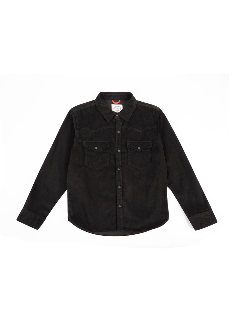 Black corduroy shirt with button-up front and two chest pockets, laid flat on a white background, showcasing casual style.