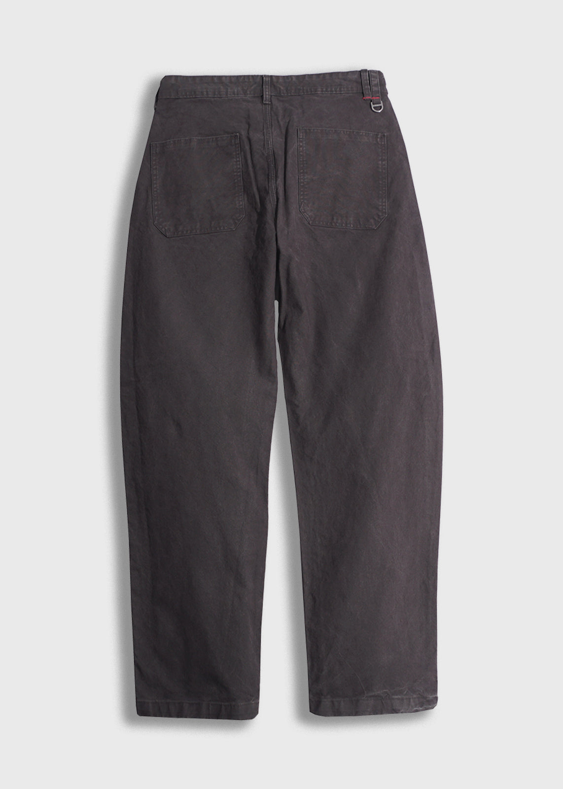 Dark gray pants with two back pockets, belt loops, and a D-ring detail, displayed flat on a light background.