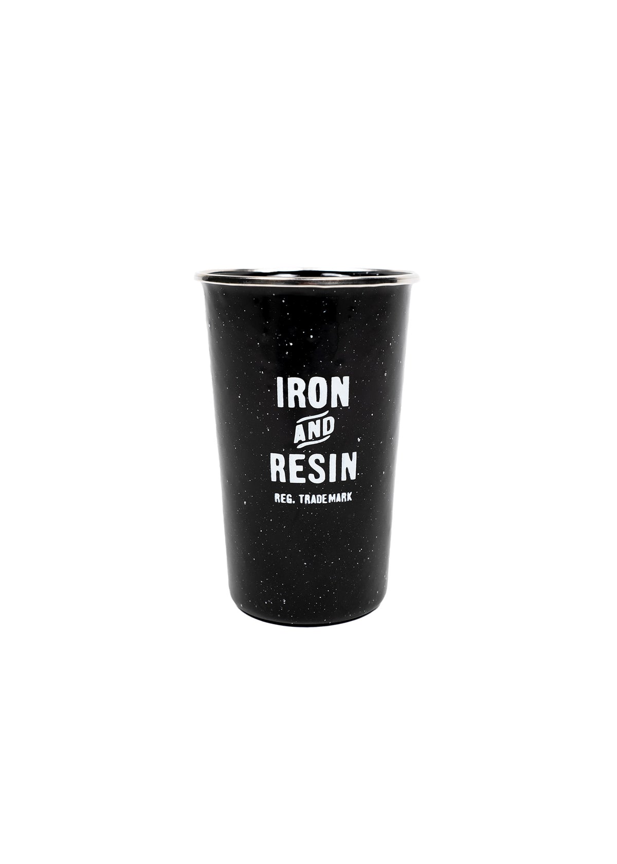 Black speckled enamel cup with "Iron and Resin" logo in white. Simple, rustic design on a plain white background.