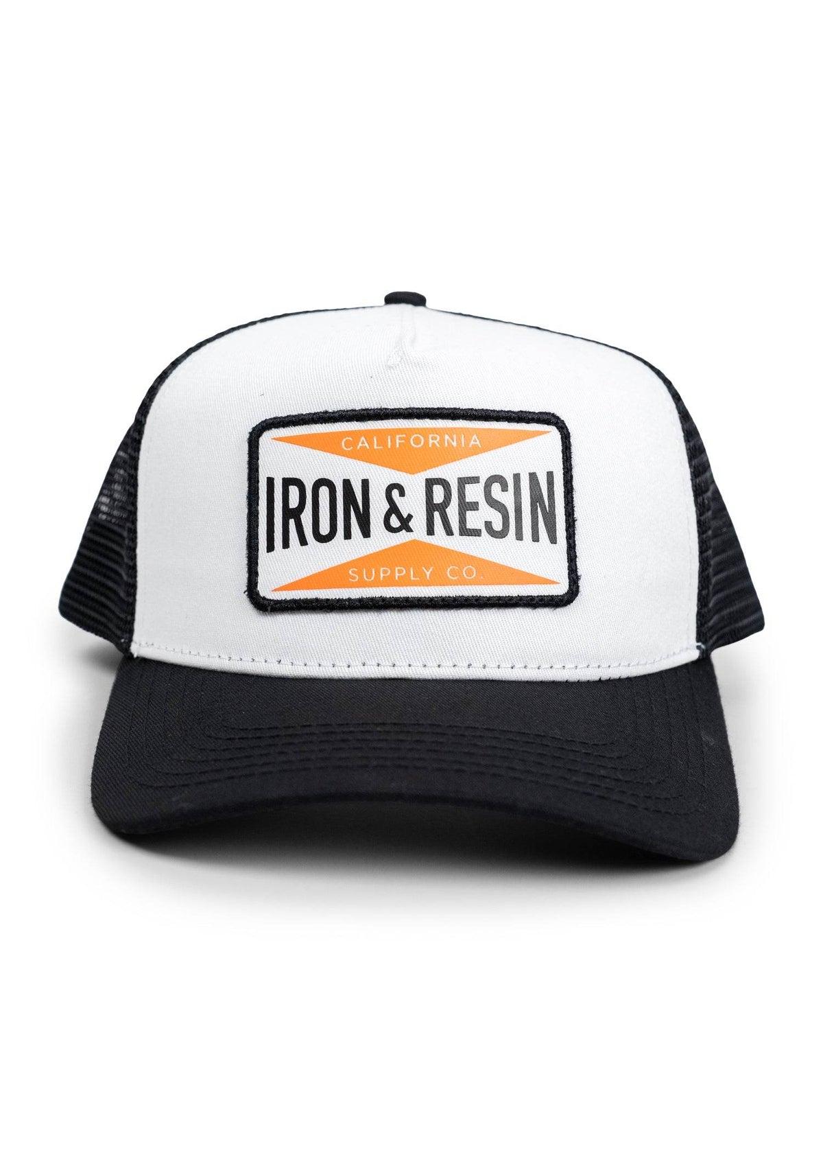 White and black trucker hat with "Iron & Resin" logo in orange and black, featuring "California Supply Co" text.