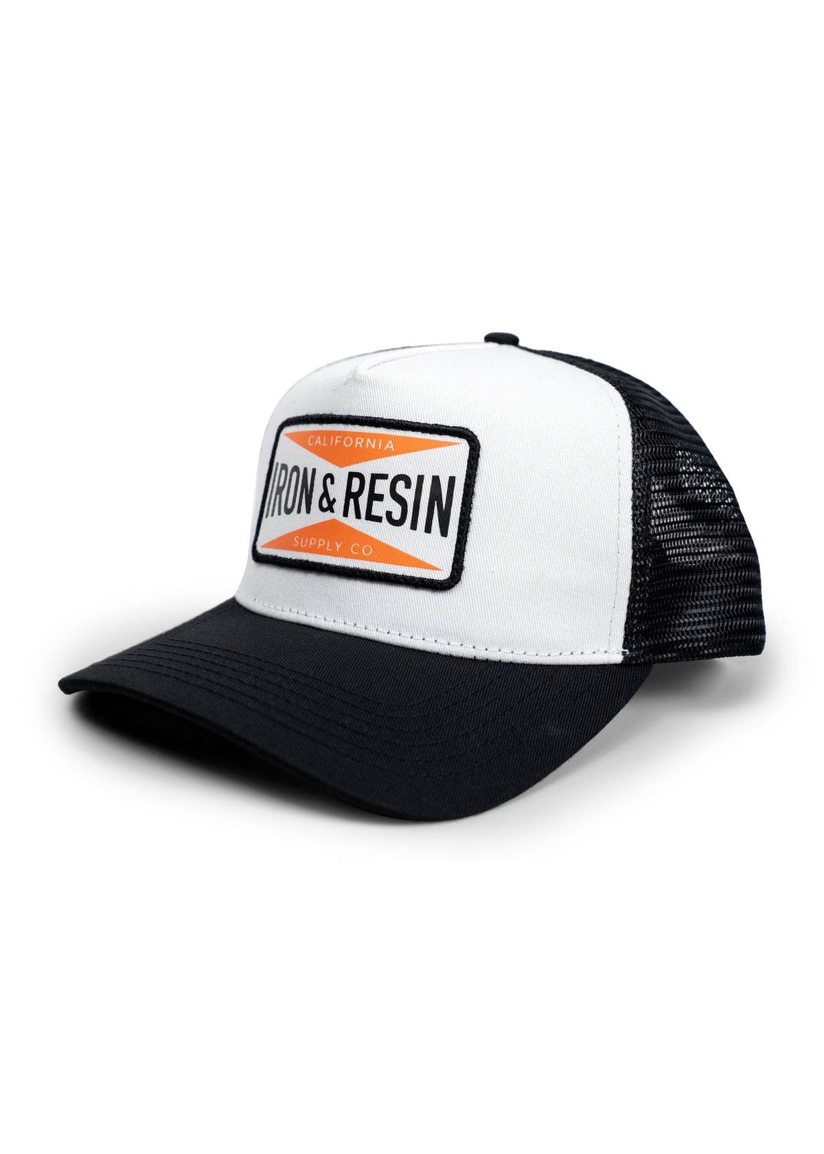 White and black trucker hat with "Iron & Resin California Supply Co" patch on front, featuring mesh back and curved brim.