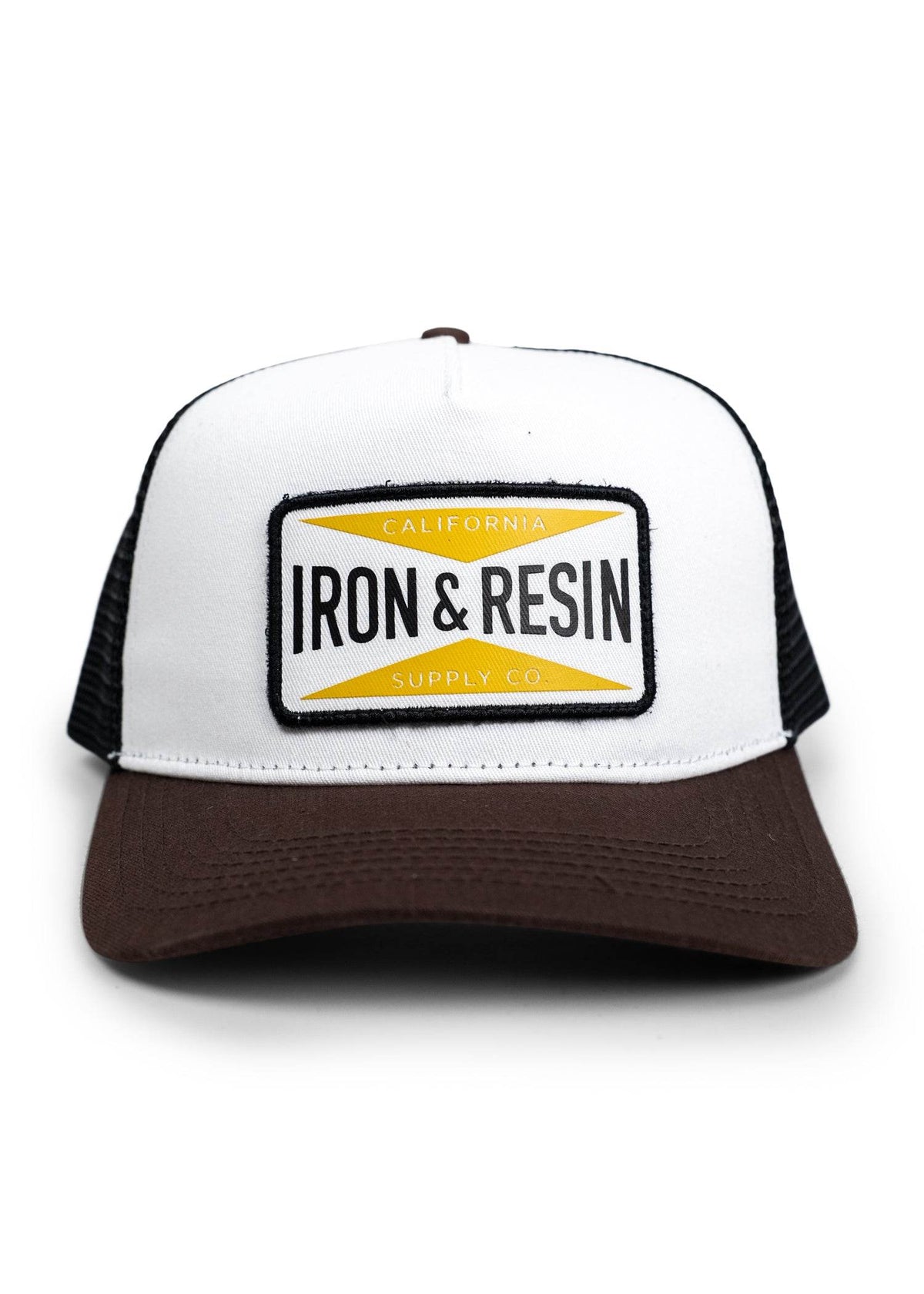 White and brown trucker hat with "Iron & Resin California Supply Co" logo on the front, featuring a yellow and black design.
