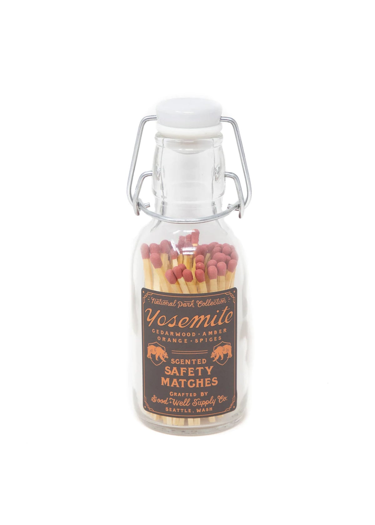 Glass jar of Yosemite scented safety matches with cedarwood, amber, orange, spices label by Good + Well Supply Co., Seattle.