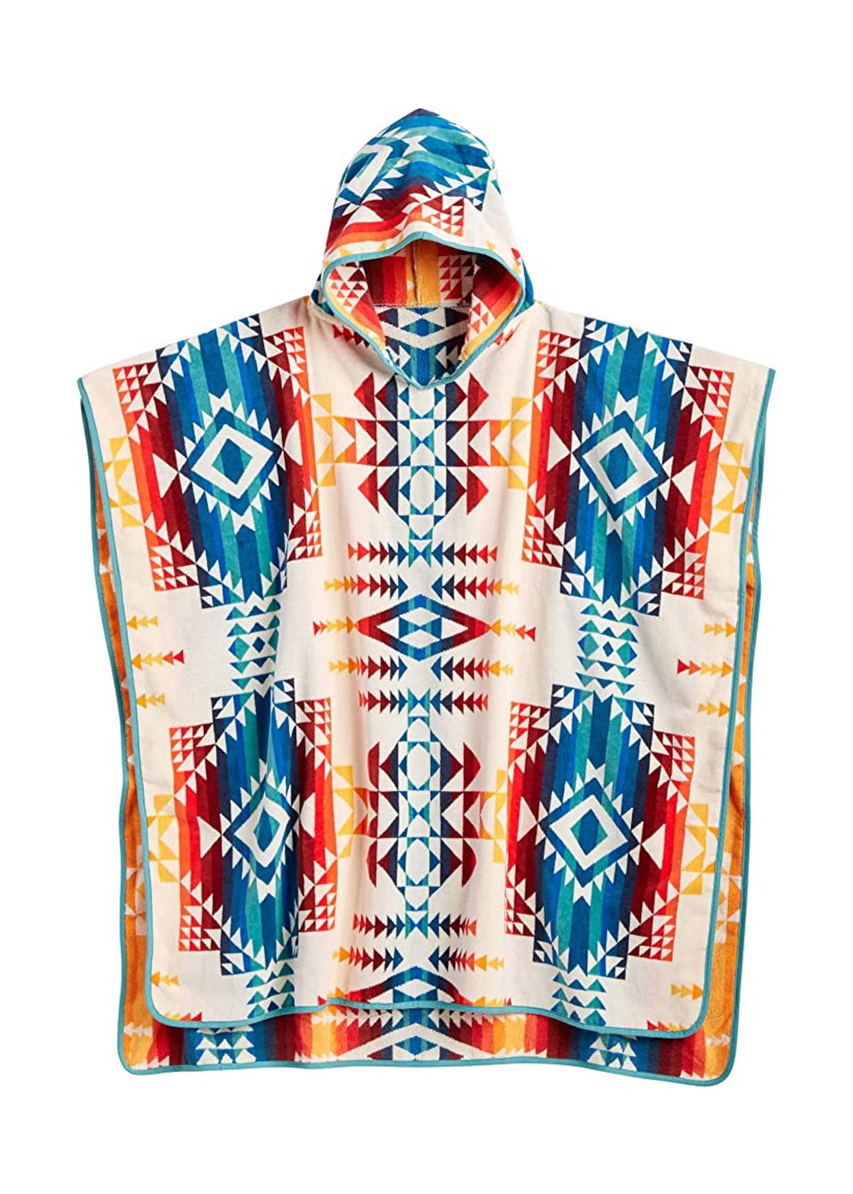 Hooded poncho with vibrant geometric patterns in red, blue, and yellow on a white background, showcasing a bold, colorful design.